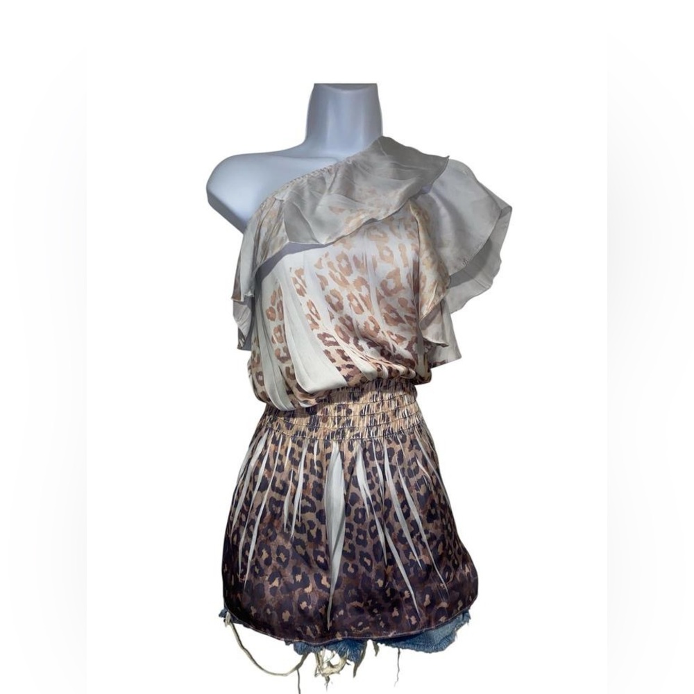 Y2K leopard print brown and cream one shoulder ruffle top with cinched waist